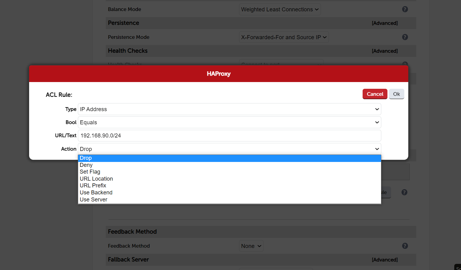 HAProxy, ACL Rule, Type, Bool, URL/Text, Action, Drop.