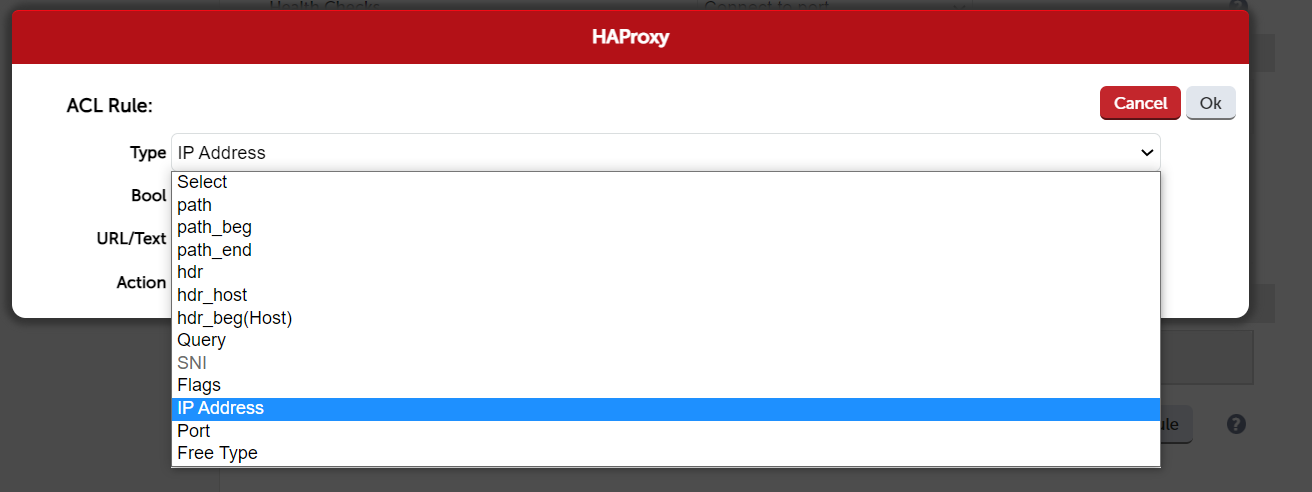 HAProxy, ACL Rule, Type, Bool, URL/Text, Action, IP Address.
