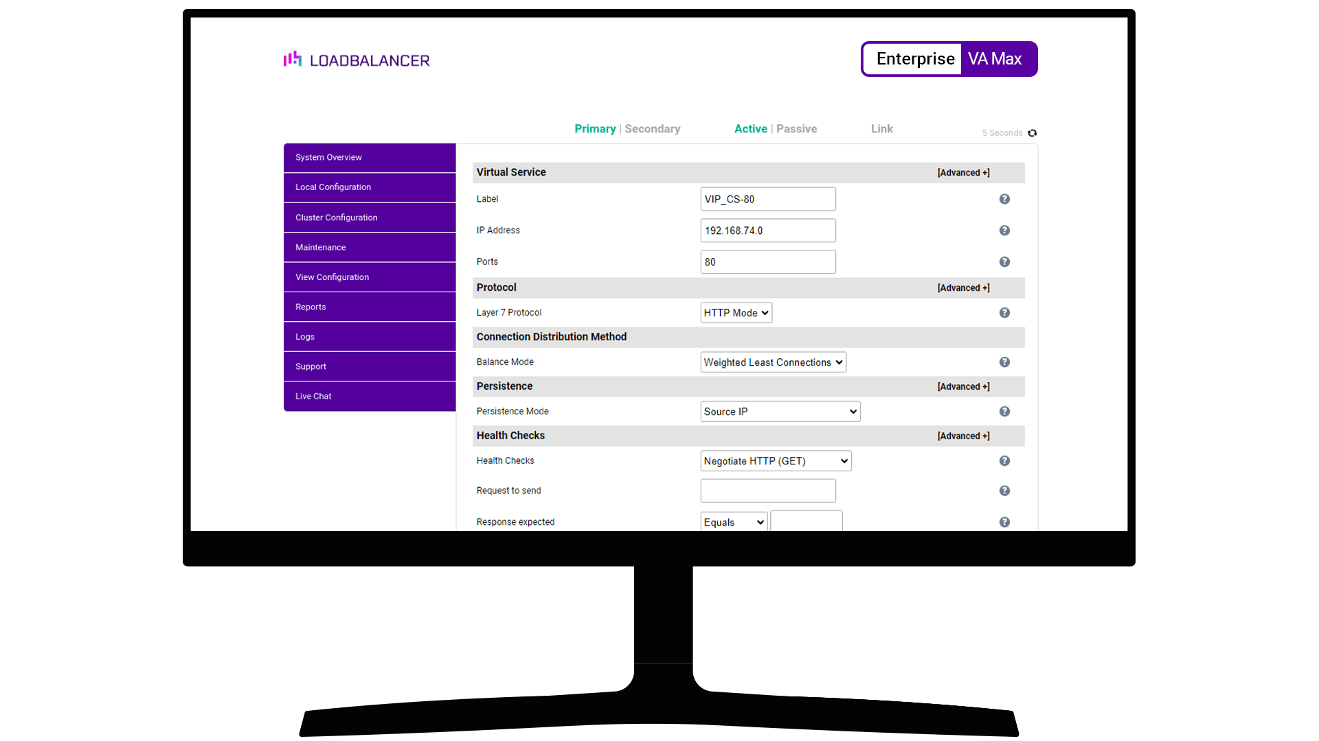 Loadbalancer.org Enterprise WebUI screen example