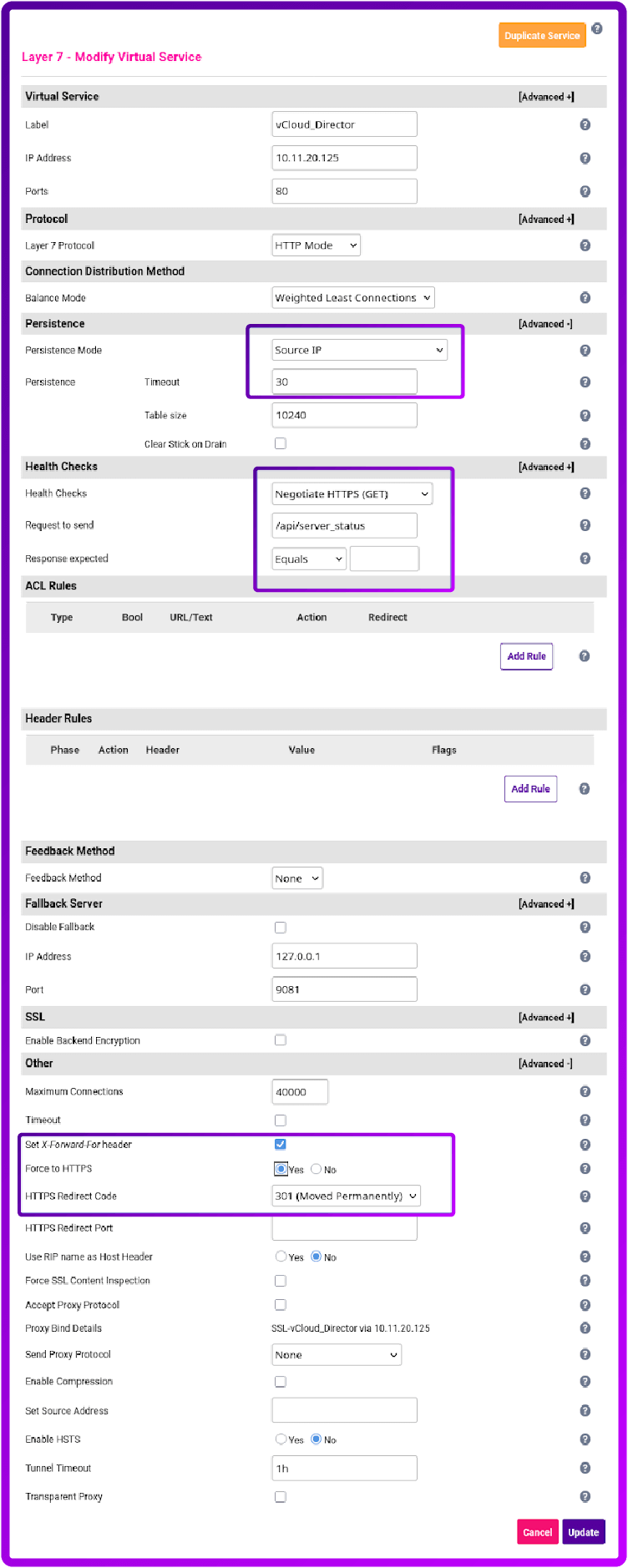Layer 7 - Modify Virtual Service. Persistence mode: Source IP; Timeout: 30; Health checks: Negotiate HTTPS (GET); Request to send: /api/server_status; Response expected: Equals; Set X-Forward-For header; Force to HTTPS; HTTPS Redirect Code: 301 (Moved Permanently)