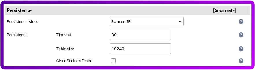 Persistence Mode: Source IP; Timeout: 30; Table size: 10240